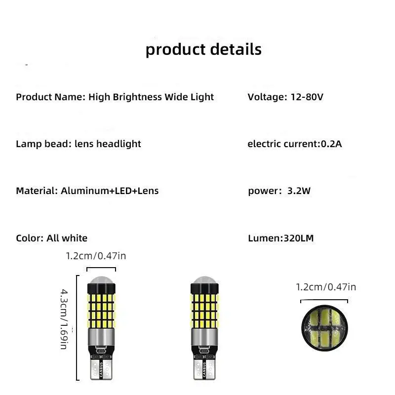 2Pcs High Power T10 194 920 912 168 LED Canbus: 54 SMD 4014 Chip Parking Backup Reverse Wide Lights