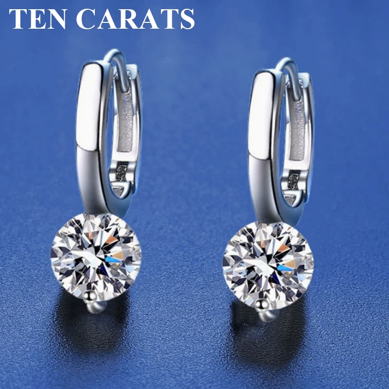 

TEN CARATS 925 Sterling Silver Moissanite Drop Earrings for Women Classic Round Dangle Hoop Earrings Wedding Party Jewelry Gif