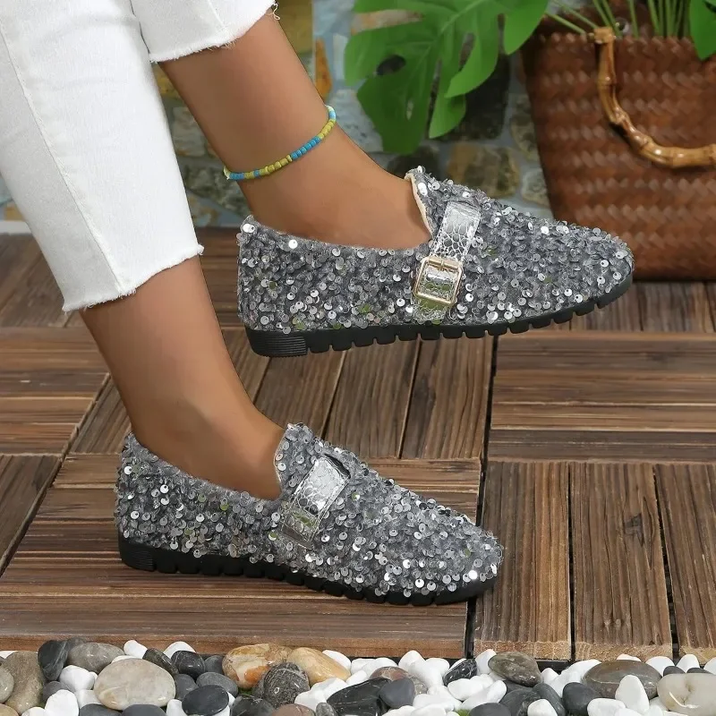 2024 Sommer Balletts chuhe bling Slipper Plattform glänzende Damen Freizeit schuhe Pailletten Hausschuhe großen Stil Schuh