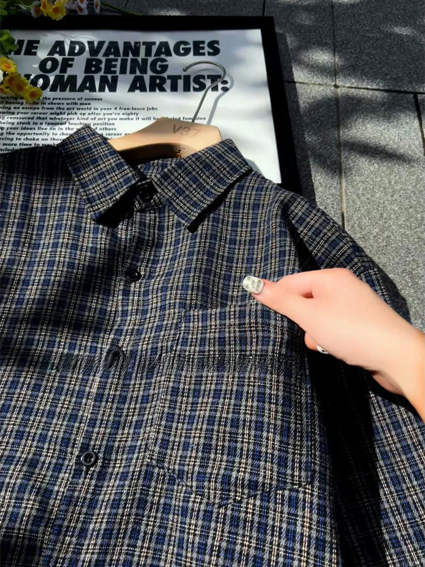 Blue Plaid Short Sleeve Fleece Shirt Men's Summer Lazy Style Half Sleeve Jacket American Retro Shoulder Shirt Standard Fit Bu...