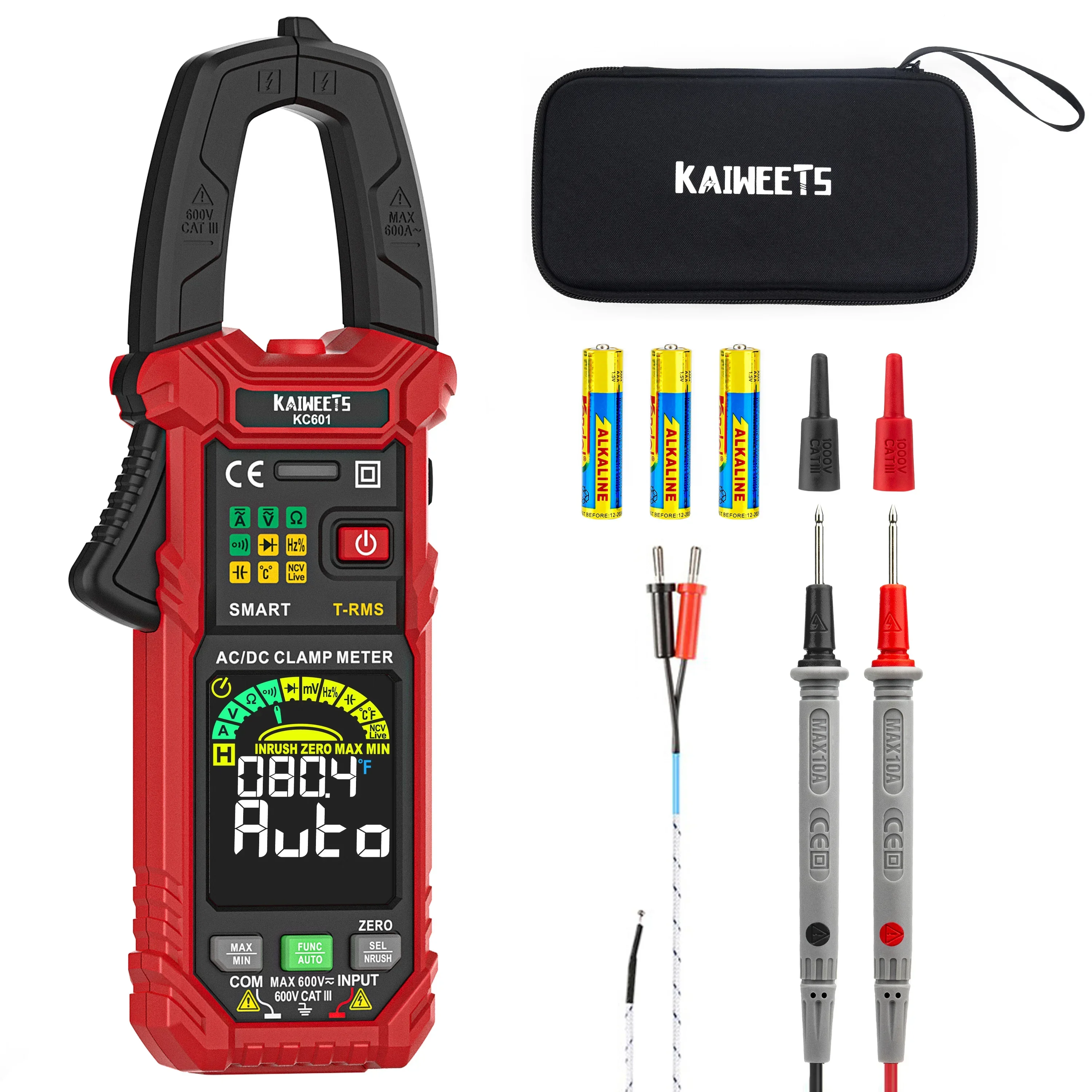 KAIWEETS KC601 True RMS Capacitance NCV Ohm Hz Tester 6000 Counts DC/AC Current Detector Professional Digital Clamp Meter