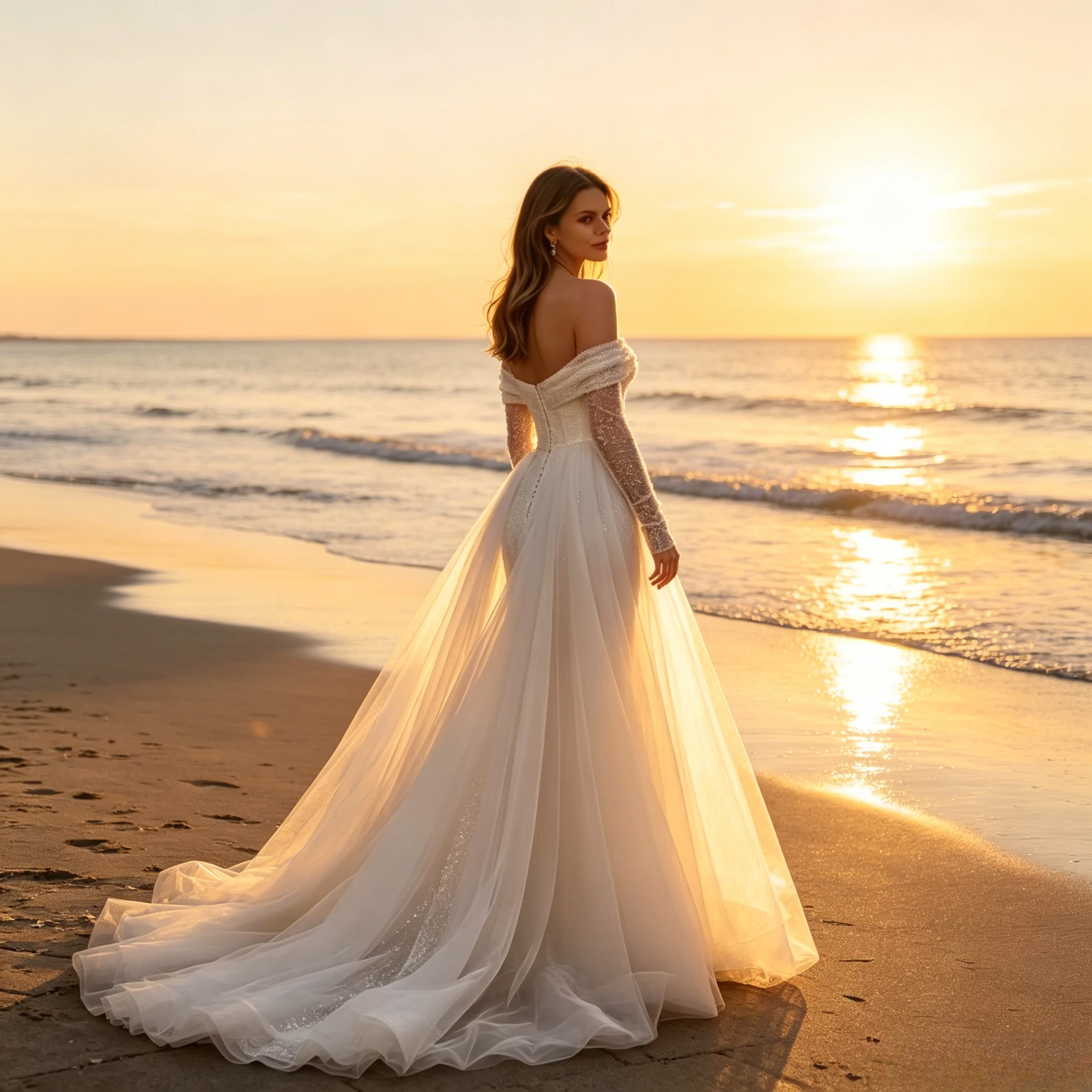 Customized Luxury One Shoulder Long Sleeved Sequined Fish Tail Wedding Dresses 2026 White Detachable Tail Slimming Bridal Gown