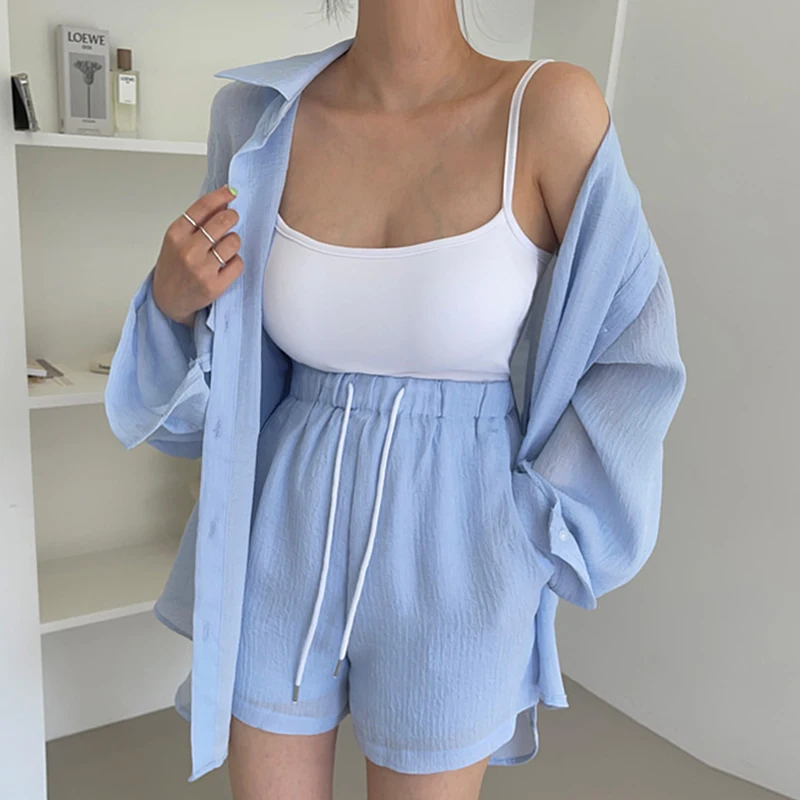 

Шикарный летний ленивый свободный солнцезащитный комплект с высокой талией и поясом, широкие ноги, комплект из двух предметов, женская смесь хлопка Faion