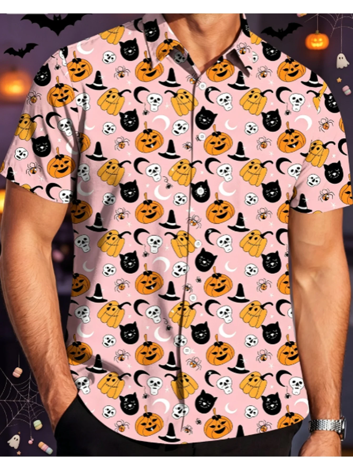 Men Halloween Pumpkin Black Cat Short Sleeve Shirt Skull Witch Hat Moon Print Turn‑Down Collar Party Shirts