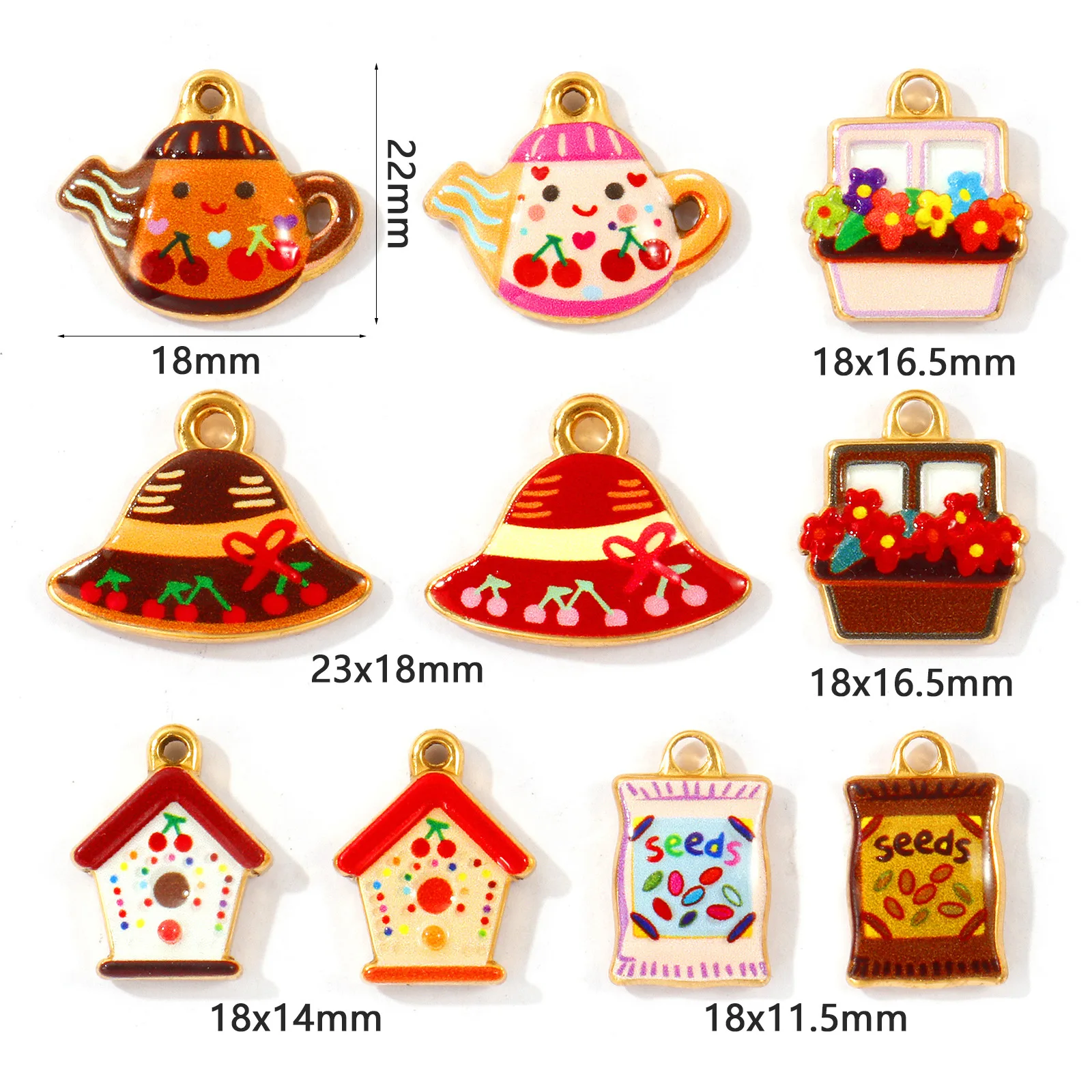 2 Stück wasserdichte, bunt bedruckte Anhänger mit Haus- und Blumenmotiven, Teekanne, 304 Edelstahl, 18K vergoldete Anhänger, DIY-Halskette, Großhandel – Detail 1