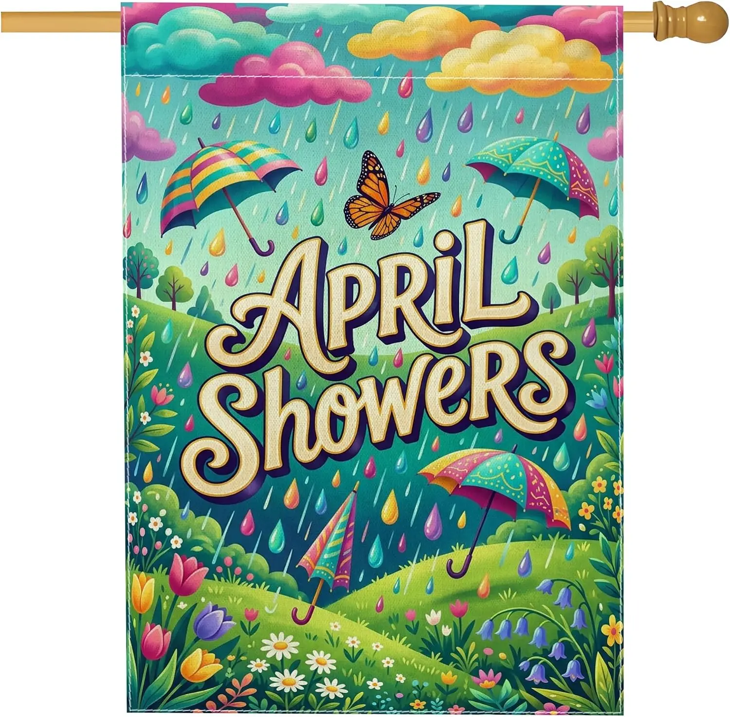 Butterfly House Flag, Spring Fanciful Umbrella Raindrop Spring Green Double Sided Burlap Outside Large Garden Flag for Outdo yyi