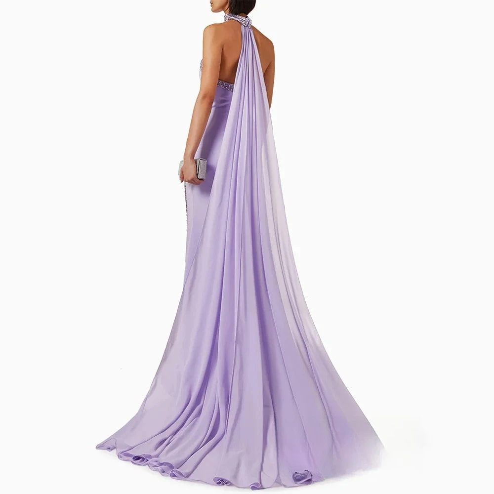 Lilac Mermaid Evening Dresses Halter Cape Sleeveless High Split Crystals Saudi Arabia Prom Gown Party Dresses Customized