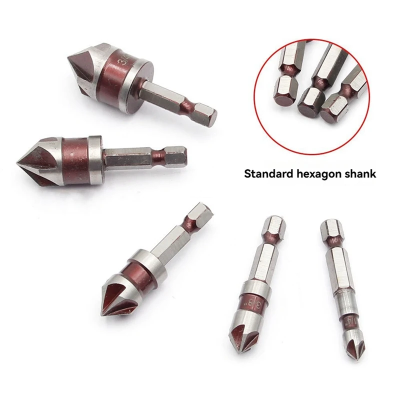 AC88 5 Pcs M35 Cobalt Countersink Drill Bit Set, 82° 1/4 Inch Hex Shank, 1/4 3/8 1/2 5/8 3/4 Inch, for Metal Wood, Woodworking