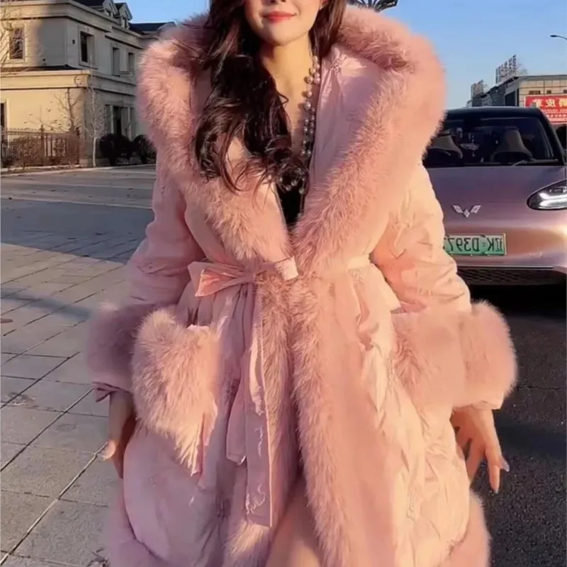 

CyNew модное длинное пальто для девочек с большим воротником для волос и белым пухом с капюшоном