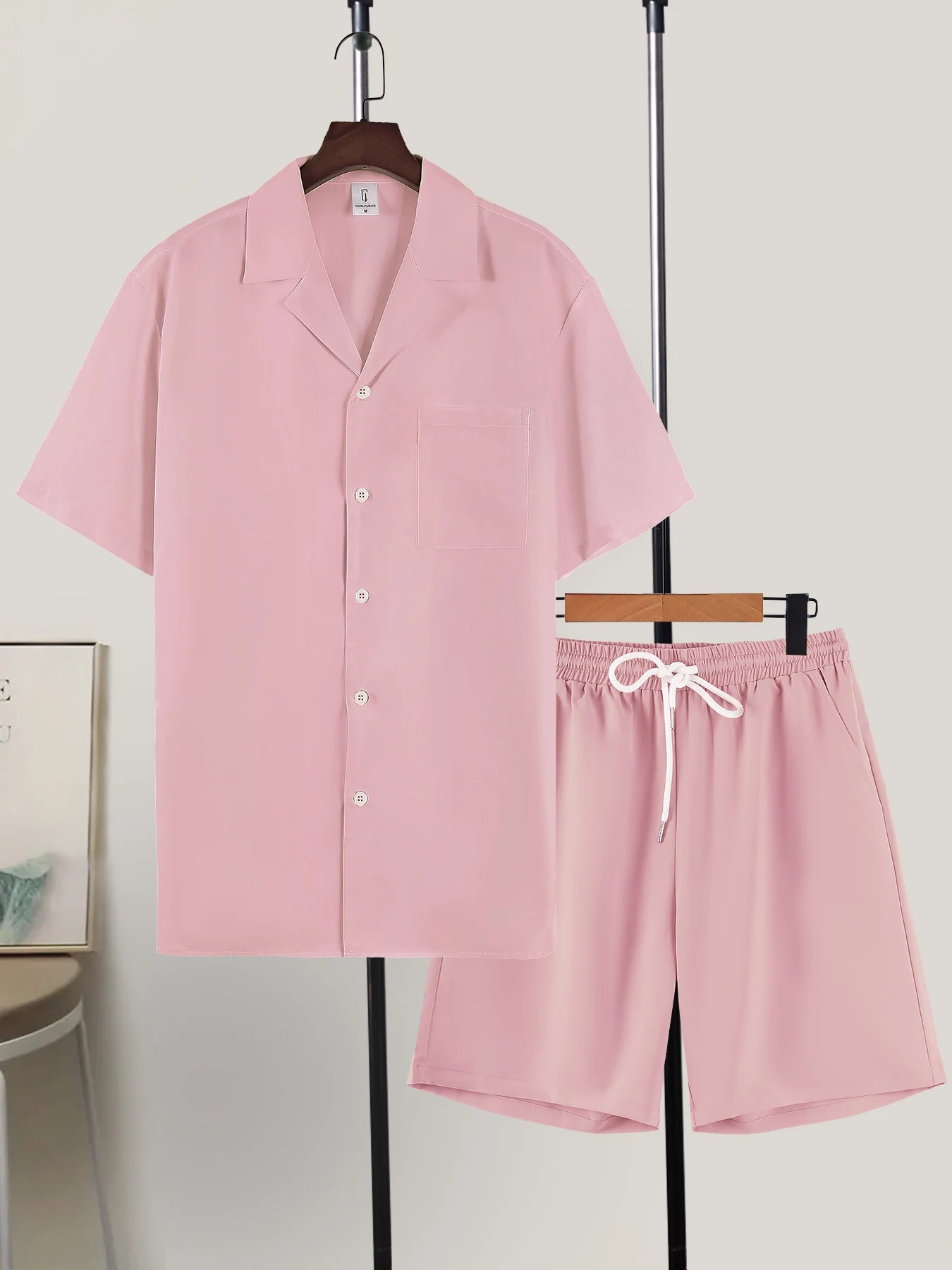 Men's Solid Color Cuban Collar Two-Piece Set with Pocket Short-Sleeve Shirt + Drawstring Elastic Waist Shorts, Summer Casual Versatile Men's Outfit