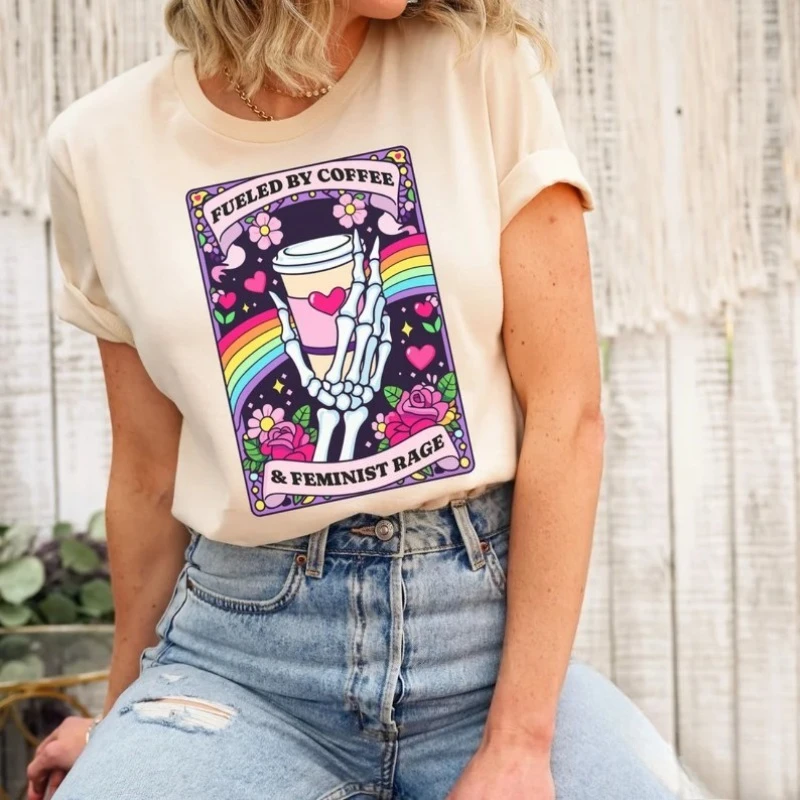 Coffee and Feminist Rage Shirt Funny Feminist T-Shirt Retro Skeleton Tee All-season Breathable  Ironic Art Short Sleeve Tops