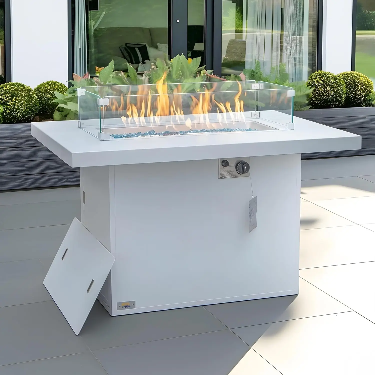 

60,000 BTU Rectangle Natural Gas Firepits, Rust-Proof All-Weather Fire Table with Wind Guard & Glass Rocks , White