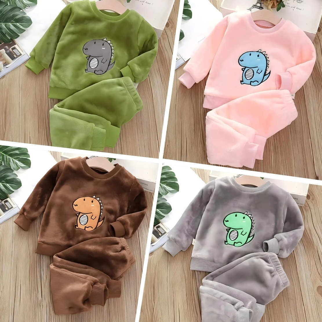 Autumn and Winter 1-6 Year Old Boys and Girls Coral Fleece Home Suit  Cartoon Dinosaur Print Two-piece Set