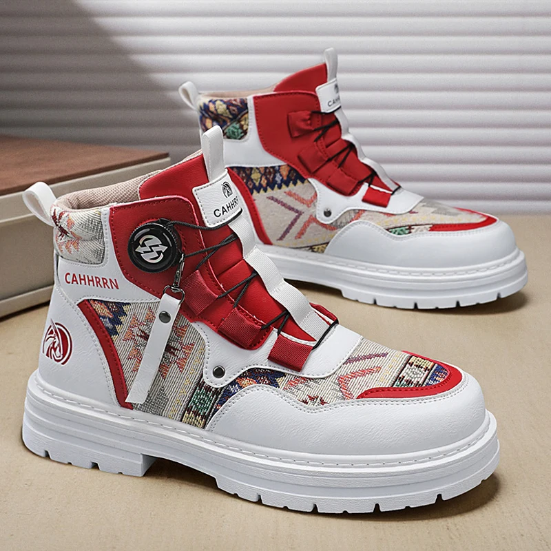 

British Style Men Motorcycle Shoes Big Size 39-45 Trend Printing Working Shoes For Man Rotating Buckle Design Men's Ankle Boots