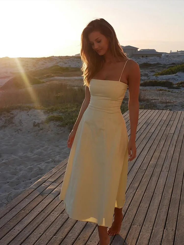

SKMY Solid Color Simple Style Slimming Temperament Spaghetti Strap Dress Clothes For Women Summer 2025 New Party Long Dresses