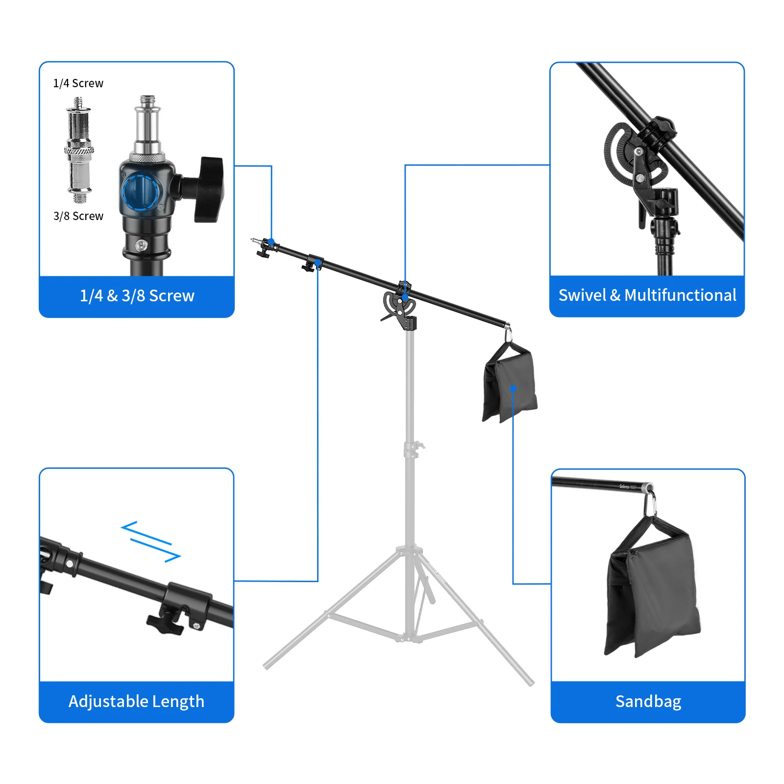 Selens 80-200cm 텔레스코픽 경사 붐 암/크로스 붐 + 사진 스튜디오 용 샌드백 에어 쿠션 스탠드 삼각대