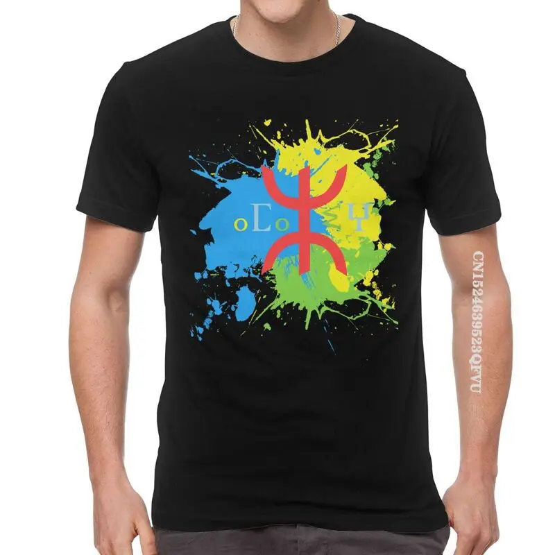 Amazigh Flag Splash Art Design Tshirt Men Leisure Tee Tops Cotton Oversized T Shirt Berber Proud Tifinagh Tshirts Men Clothes