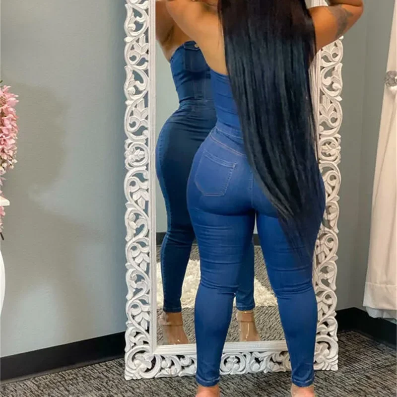 Sexy Off The Shoulder Backless Denim Jumpsuit Women Fashion Casual Button Half-open Rompers Female Skinny Hip Lift Pencil Jeans