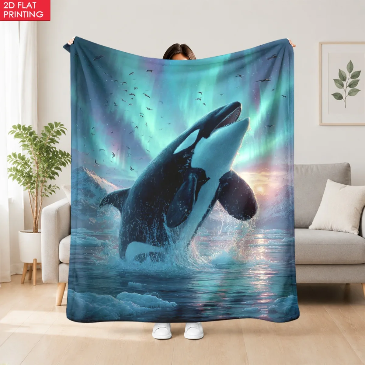 1pc Lightweight Flannel Hug Blanket - Orca Breaching Northern Lights Arctic Scene, Warm and Cozy, Great for Living Room and Trav