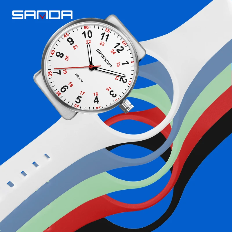 SANDA 3253 Student Quartz Watch Fashion Simple White Green Red Blue Black Silicone Luminous Sport Wristwatch for Gril Clock