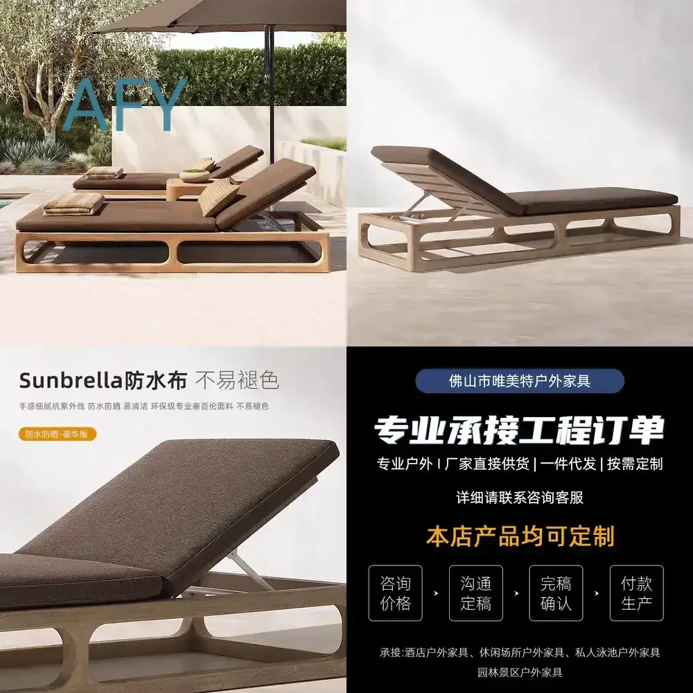 Outdoor Teak Lounger for Garden Patio Villa Pool Deck Outdoor Waterproof Rot-Resistant Solid Wood Beach Chair for Outdoor Use