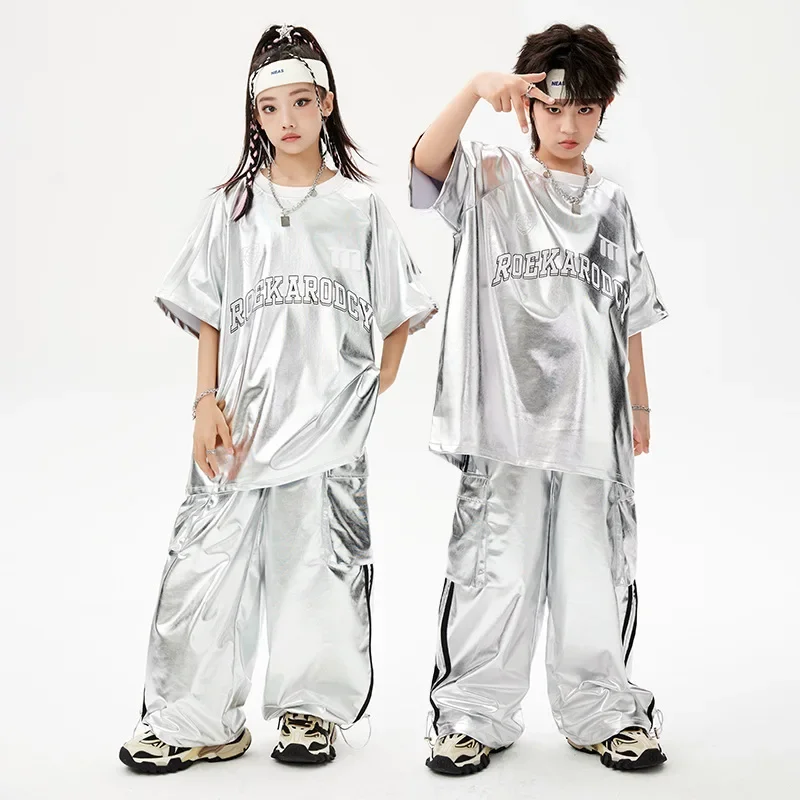 

Kids Boy Gril Silver Leather Hip Hop Jazz Fashion Show Clothes Children Short Sleeve T-shirt Cargo Pants 2 Piece Sets Tracksuits