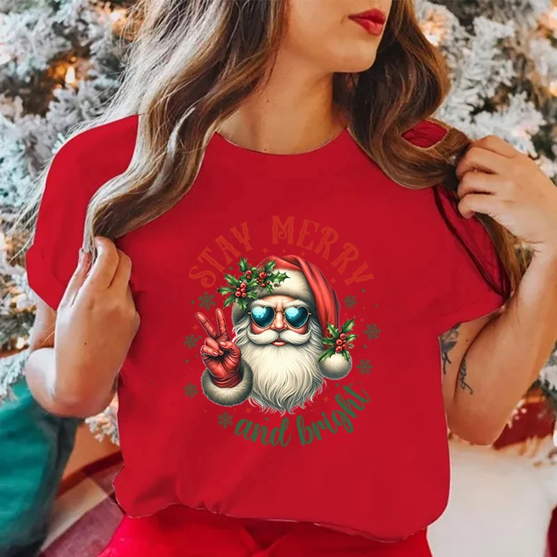 Funny Christmas Santa Claus Stay Merry And Bright Print T-Shirt Summer Letter Print T Shirt Women Men Short Sleeve Loose Shirts