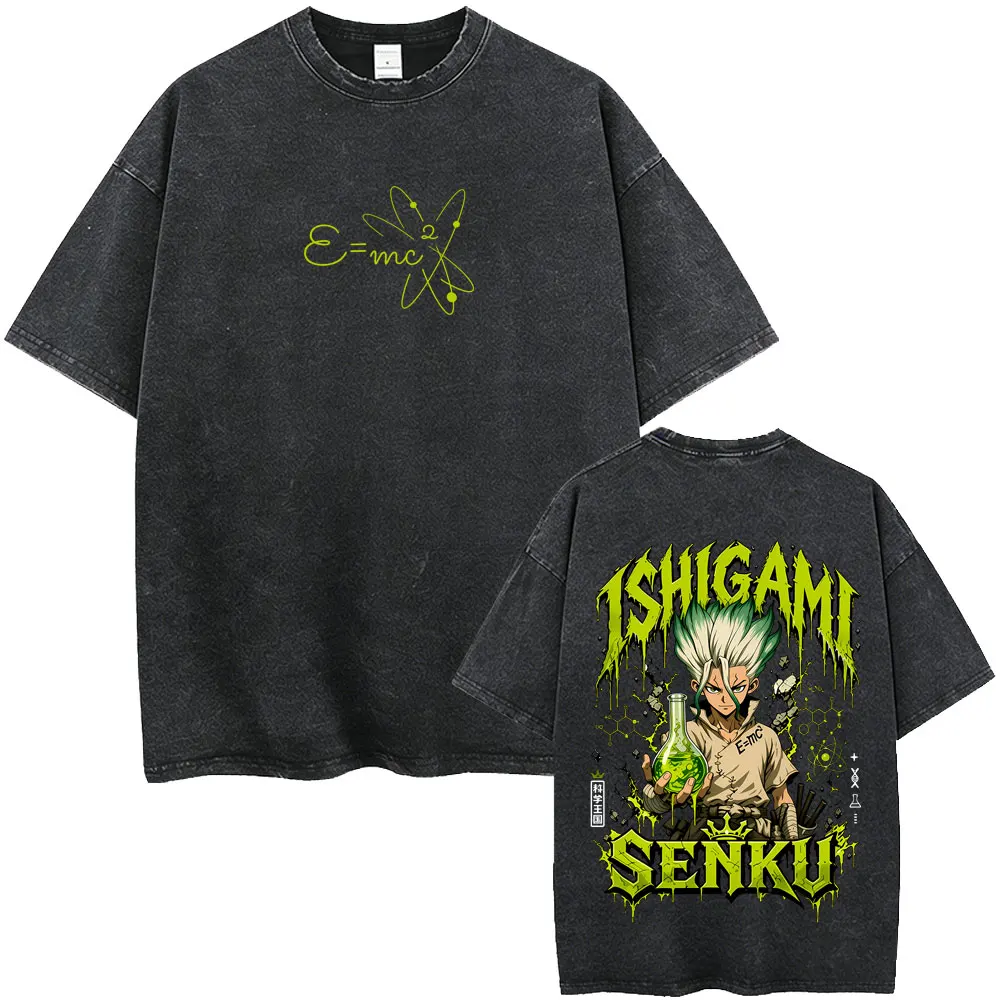 Limited Anime Dr. Stone Graphic T-shirt Manga Senku Ishigami Vintage Washed T Shirts Men Women Casual Retro Oversized T-shirts