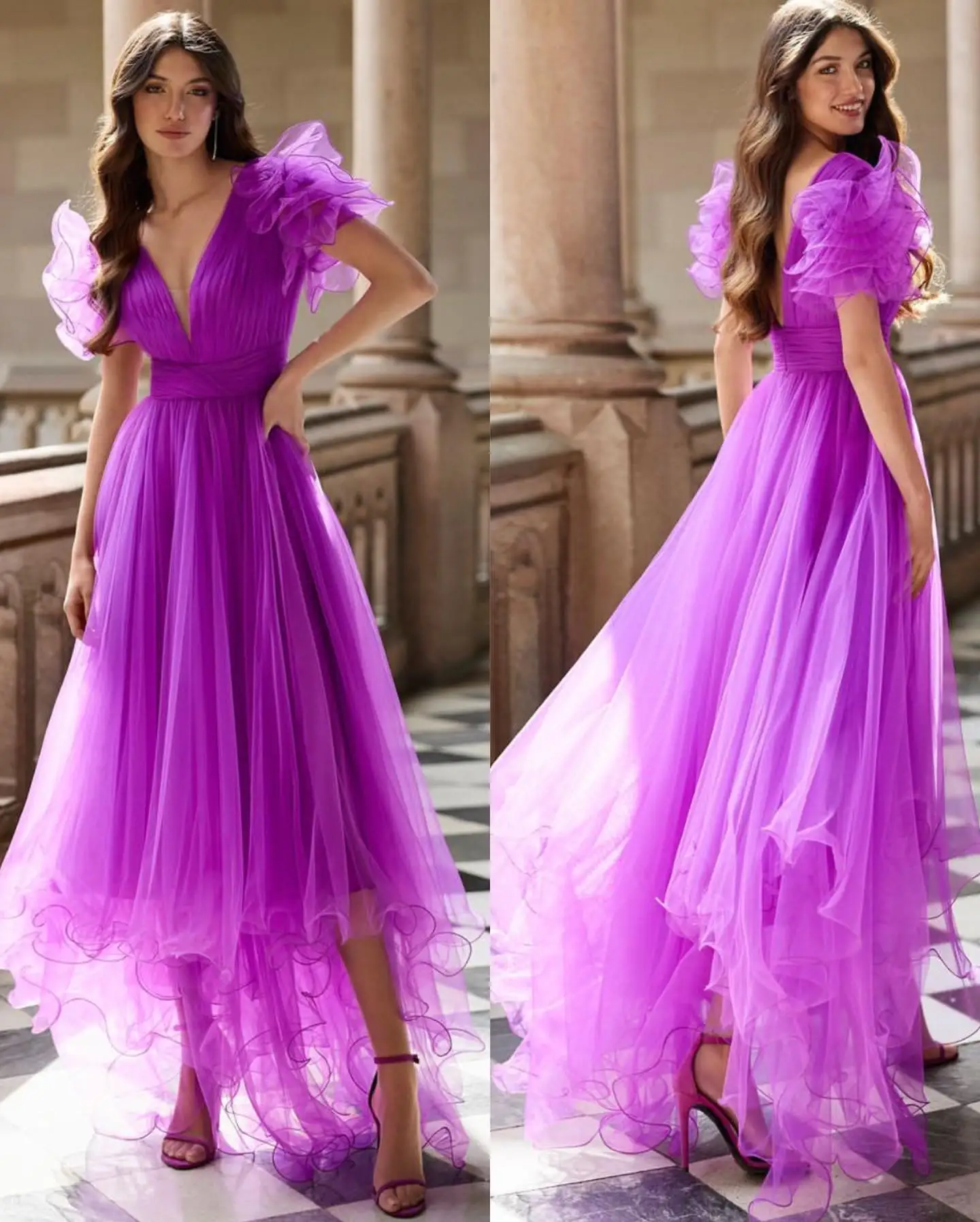 

Carolina Elegant Deep V-Neck Ruffled Evening Dresses Elegant Sleeveless Tulle Purple Open Back Robe De Mariée Party Gown Women