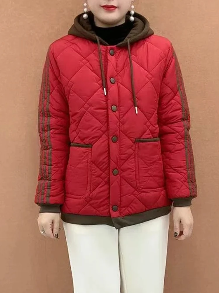 中年向けのフード付きカラー・ブロ・ウォーム・ファイオナブル・ルーズ・マッチング・ハット・ウィンターコート