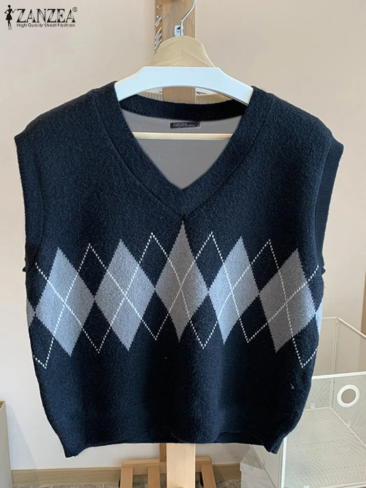 

ZANZEA, женские свитера, жилеты, осень 2024, трикотажные топы без рукавов, повседневный пуловер, вязаные жилеты с клетчатым принтом, модный джемпер с v-образным вырезом