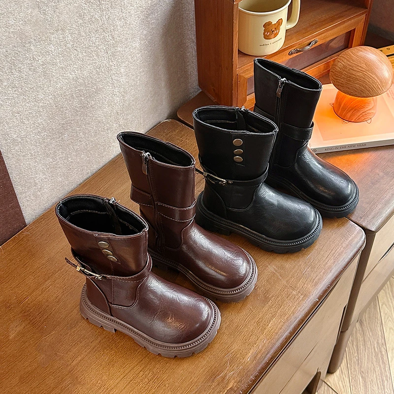 Mumoresip Kids Leather Boots Mid-calf Fashion Girls Long Boots Round Toes Versatile 2026 Autumn New Children Princess Boots