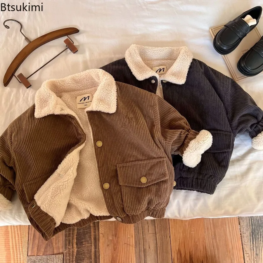 2026 Children's Autumn and Winter Thickened Cotton Coat Added Velvet Strips and Cotton Clothing Lapel Jacket for Boys and Girls