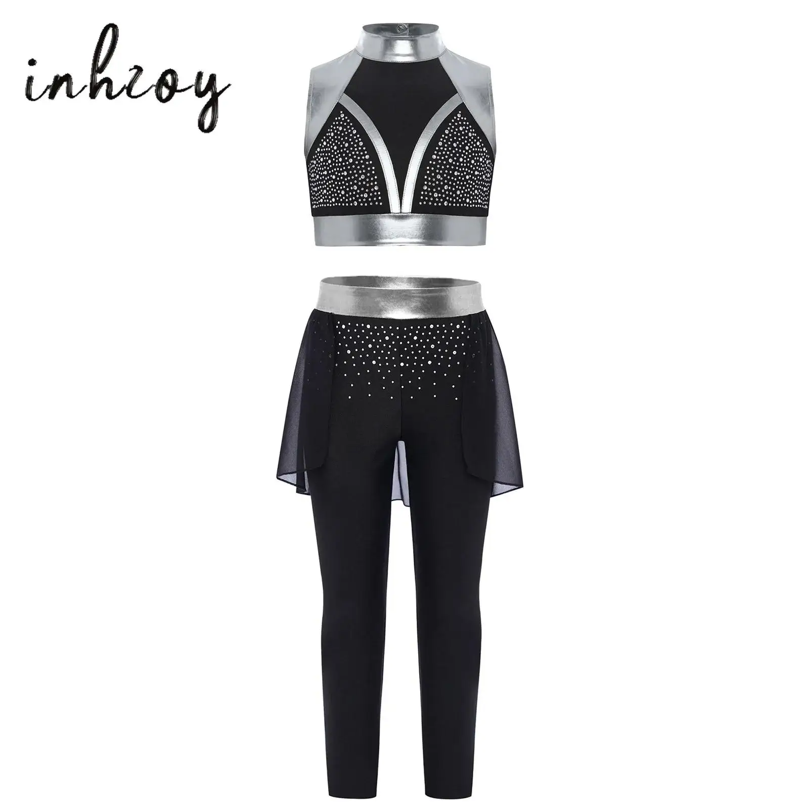 

Kids Girls Jazz Dance Costume 2-Piece Sleeveless Shiny Rhinestones Color Block Metallic Tank Crop Top+Pants Hip-hop Streetwear