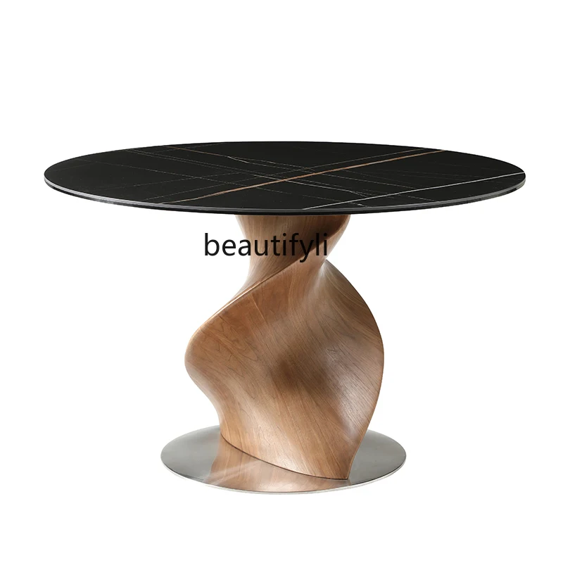 

Italian minimalist rock slab dining table round designer walnut light luxury dining table glass home modern simplicity