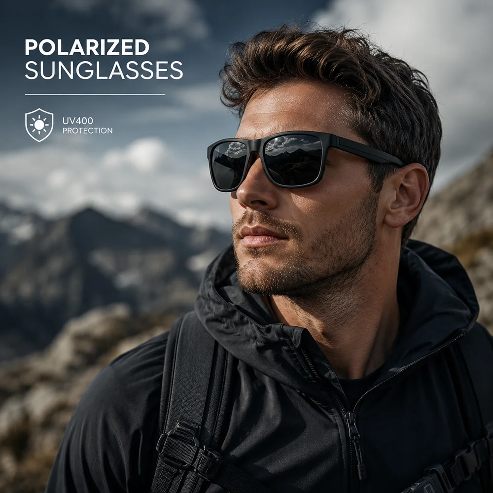 Matte Schwarze Rahmen Polarisierte Sonnenbrille für Herren Quadratisch UV400 Fahrbrille Outdoor-Sport Sonnenbrille – Detail 1