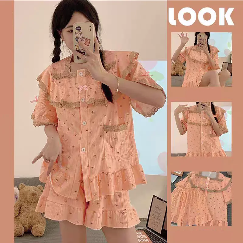 Ruffles Women Pajamas Sets for Home Summer Floral Sleepwear Shorts Sleeve Lace 2 Pieces Lace Night Wears Korean Home Suit New