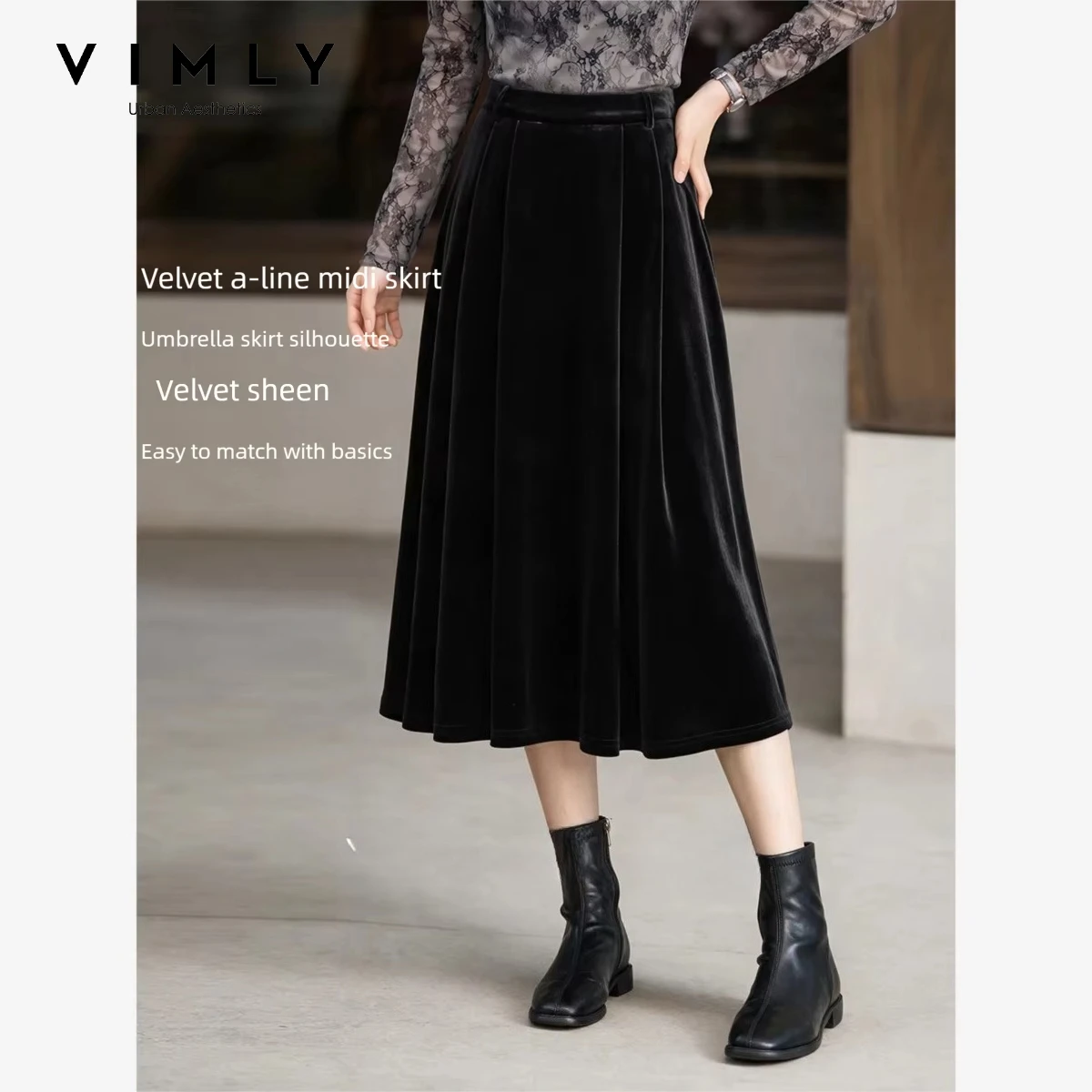 VIMLY Black Velvet Midi Skirt Women 2026 Autumn Elegant Office Lady A-line Long Flared Skirt High Waist Female Clothing A7705