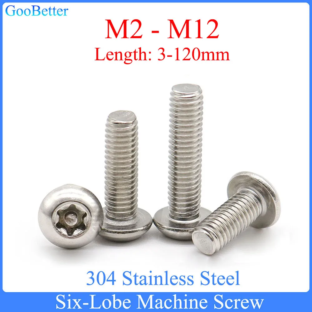 M2 M2.5 M4 M5 M6 M8 M10 M12 Six-Lobe Machine Screws 304 Stainless Steel Torx Button Round Head with Pin Anti-theft Security Bolt