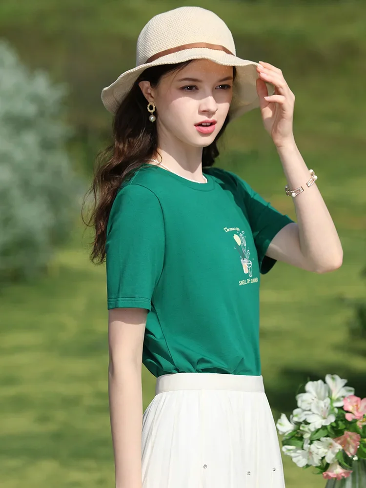 I BELIEVE YOU Cool Feeling Cotton Short Sleeve Women's T-Shirts 2024 Summer New Embroidery O-Neck Casual Slim Tops 2242015661