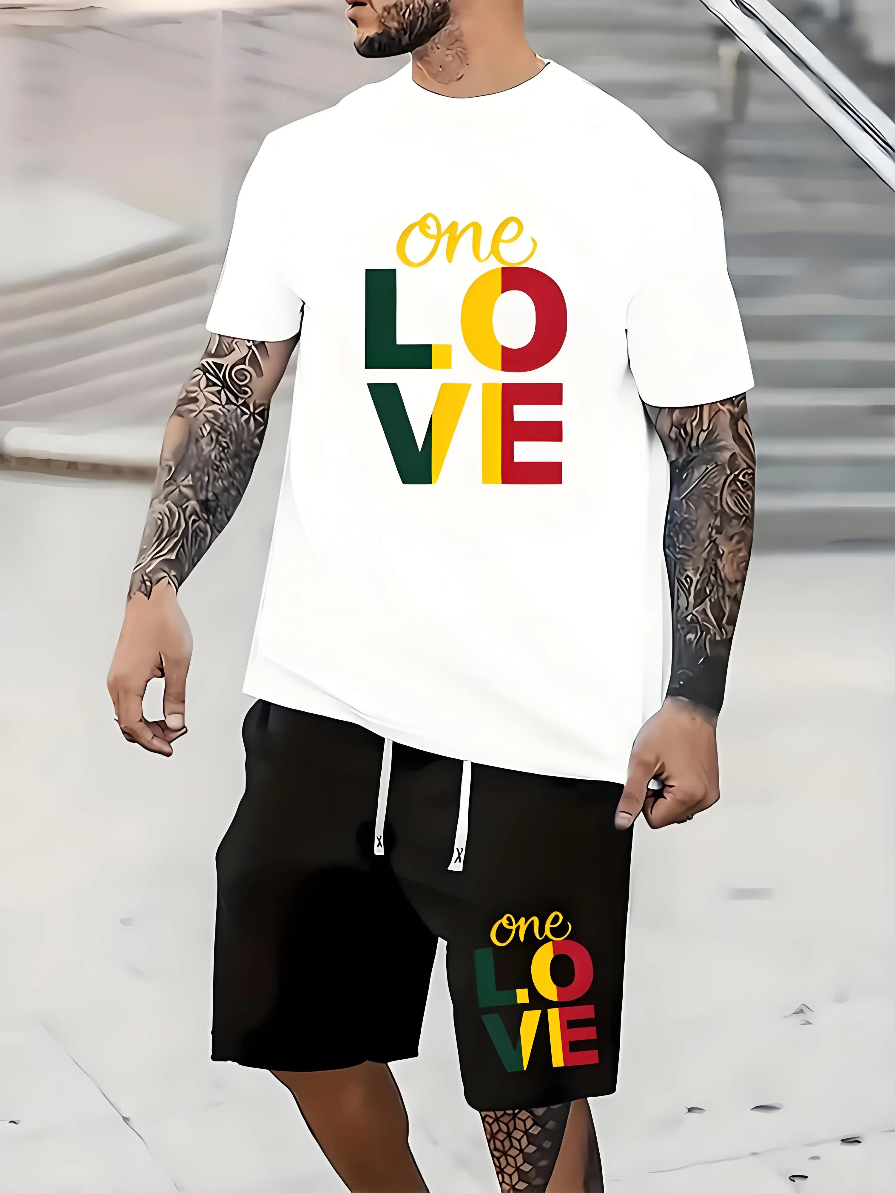 Fashion Colorful Love Graphic T-shirt Shorts Set Summer Sports Short Sleeve Shorts 2-piece Set Men's Quick Dry Sportswear Suit