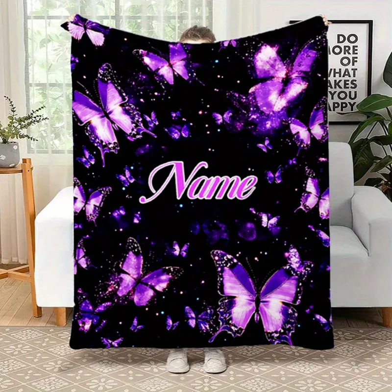 The custom name purple butterfly flannel blanket is soft, comfortable, lightweight, suitable for sofa bed camping and traveling