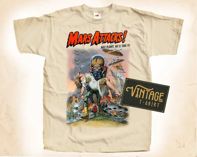 Mars Attack V2 ACK T shirt Tee Natural Vintage Cotton Movie Poster Beige All Sizes