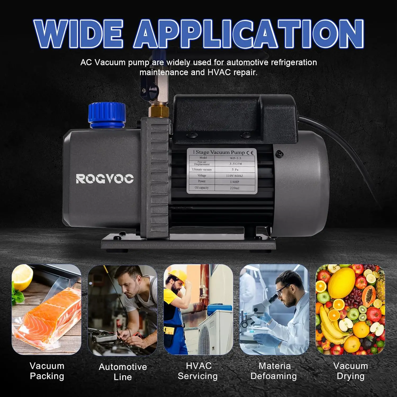 3.5 CFM真空ポンプ、110V 1/4 HP単段ロータリーベーン式エアバキュームポンプ、HVAC/自動車、AC冷媒充填用、適用可能