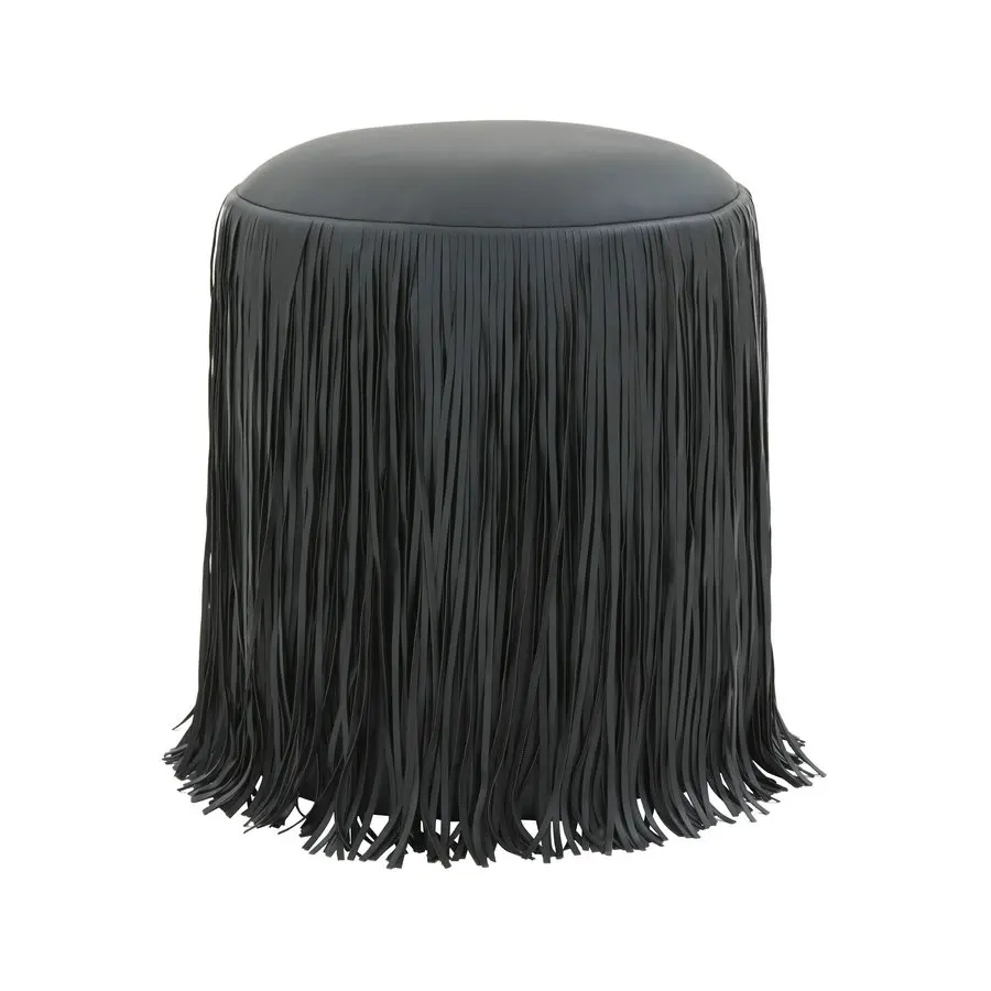 Fringe Wooden Tassel Jewelry Makeup Stool for Vanity Minimalist Bedroom Luxury Vegan Leather Upholstered Round Pouf Ottoman