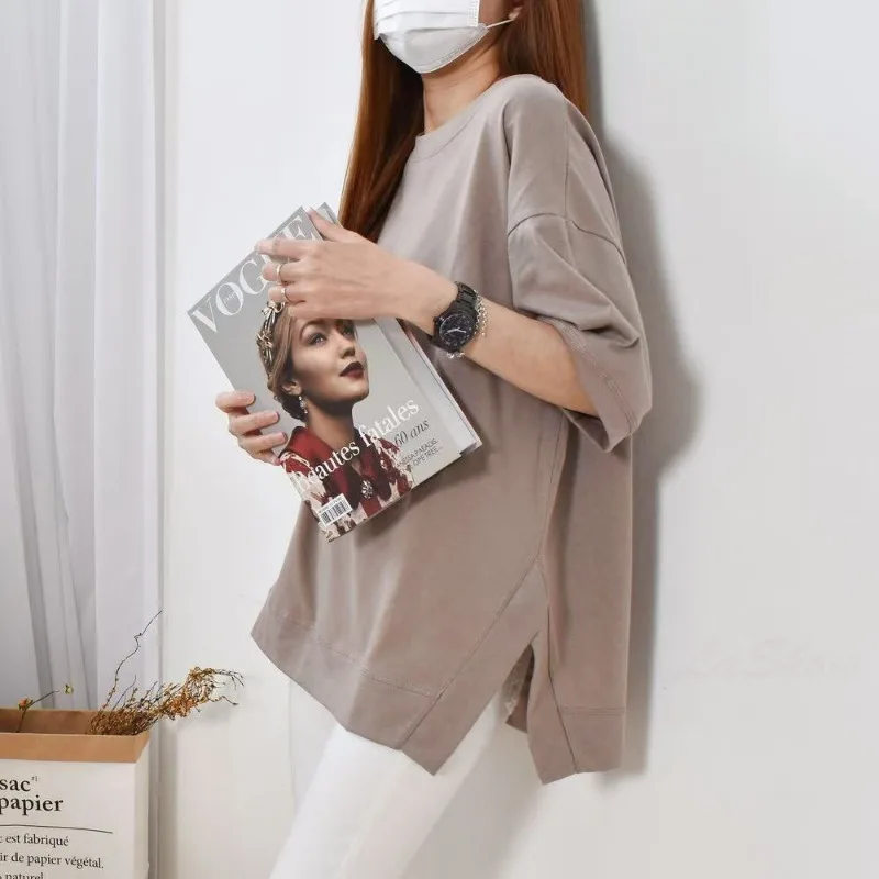 Adult New Loose Casual T-shirt Big Kids Pure Cotton Irregular T-shirt Women Solid Color Comfortable Top Youth-enhancing Slimming