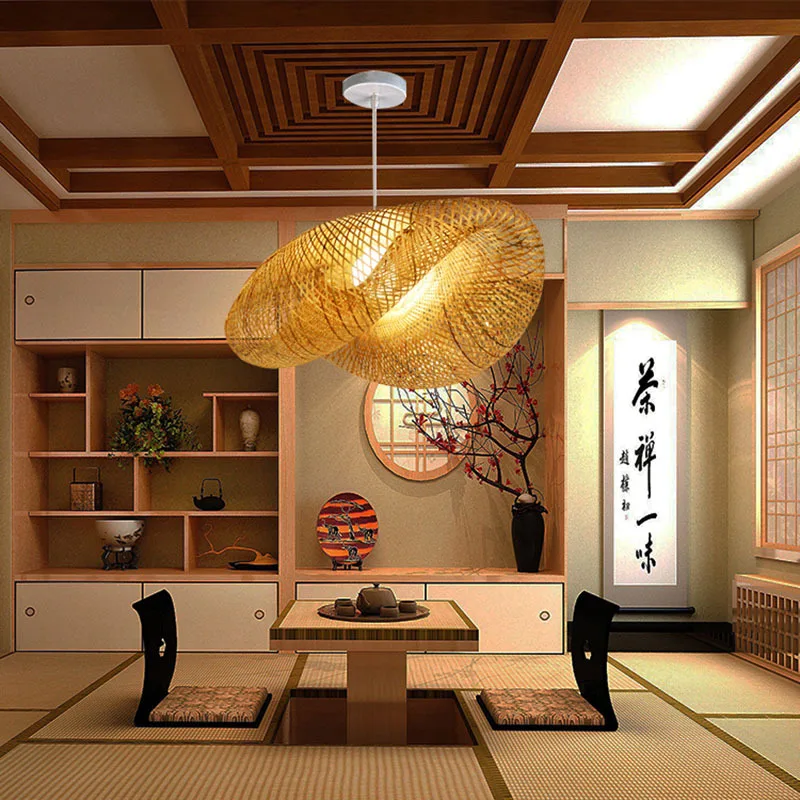 New Chines Style Bamboo Woven Chandelier Tea Room Creative Corridor Bedroom Restaurant Straw Hat Art LED Lighting Fixture
