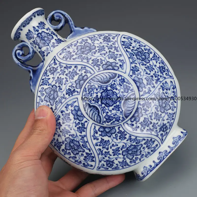 

Rare Chinese Qing Dynasty Qianlong Blue and White Lotus Ruyi Moon-shaped Vase Ceramic Collectible Antique Art Ornament Decor