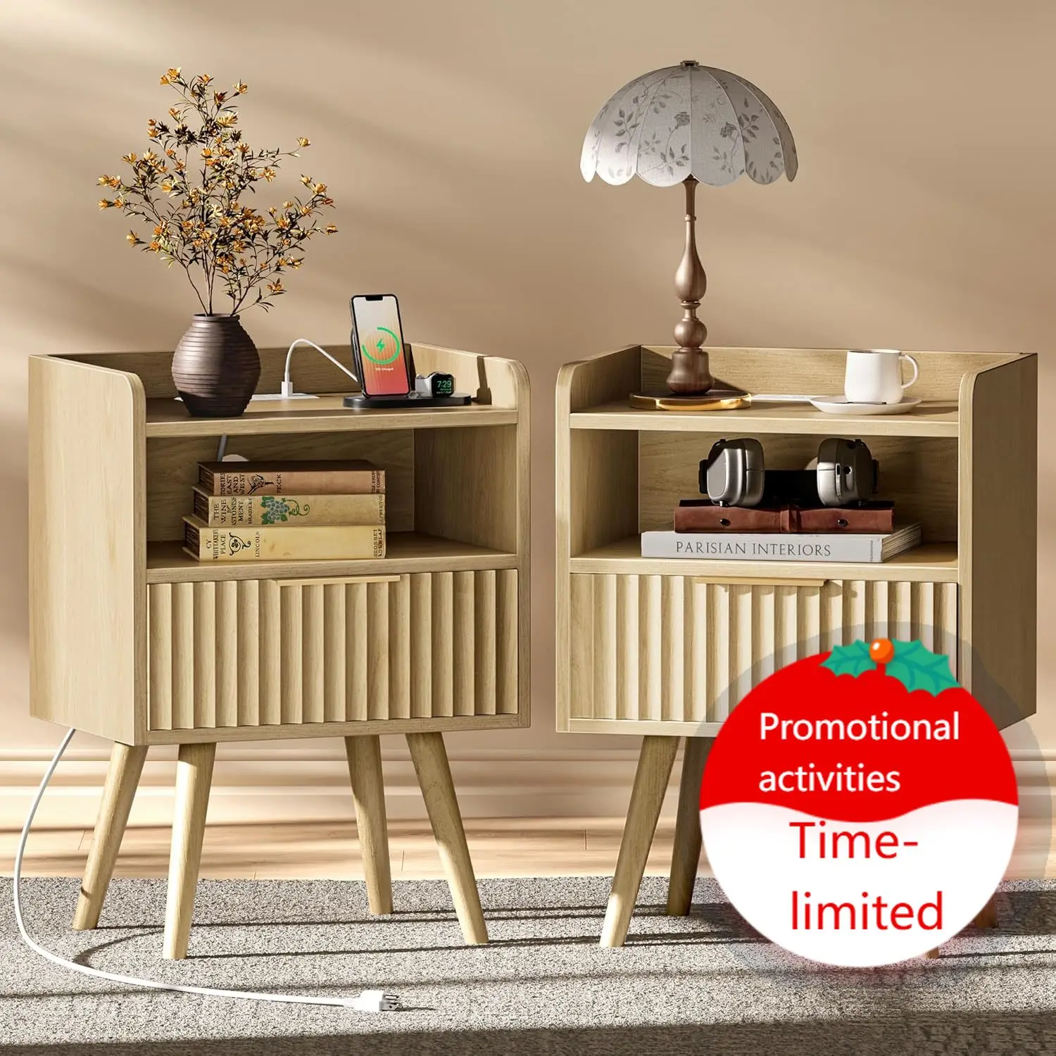 Nightstand With Charging Station Usb C Port Fluted Bed Side Table Set Of Two Drawer Solid Wood Feet Open Storage End Table Raise