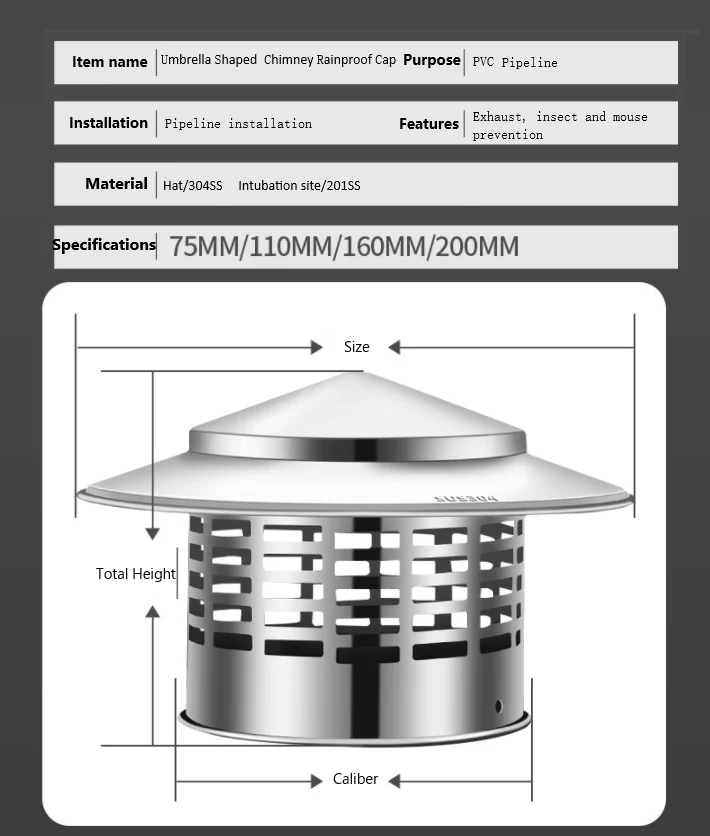 Φ160mm Umbrella Shaped Chimney Rainproof Cap Exhaust Grille Cover PVC Pipeline Outlet Insect Prevention Vent Kitchen/Bathroom